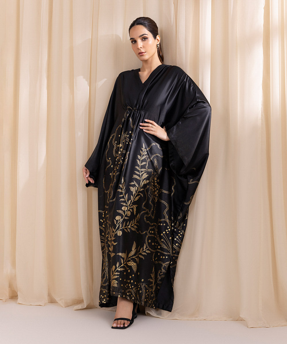 Women's Pret Blended Satin Black Printed Kaftan 