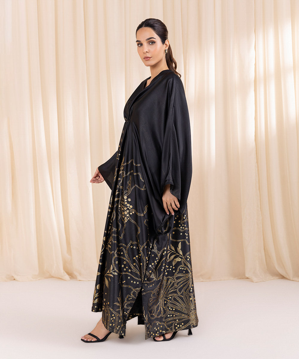 Women's Pret Blended Satin Black Printed Kaftan 