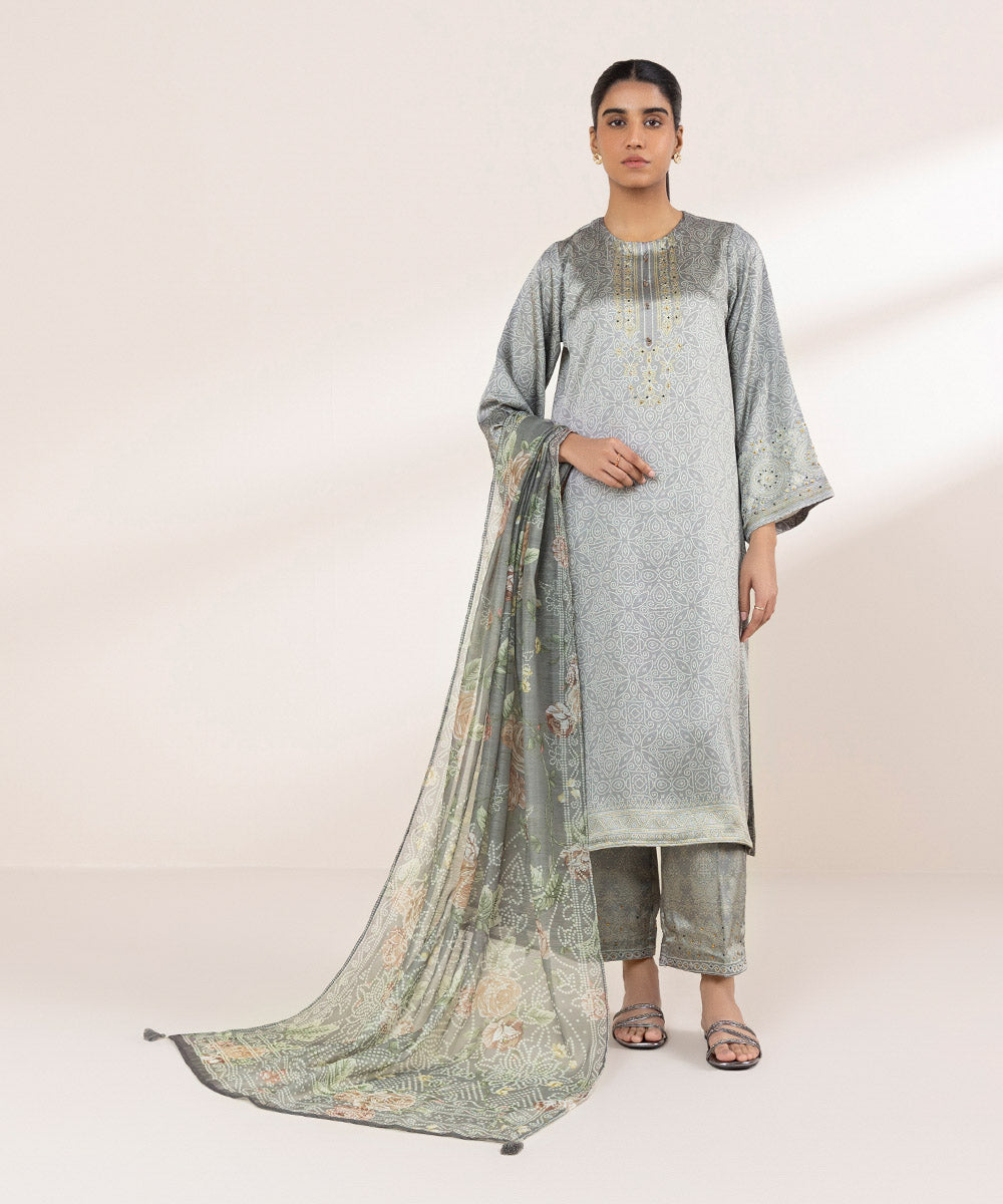 Women's Pret Blended Satin Grey Printed Three Piece Suit