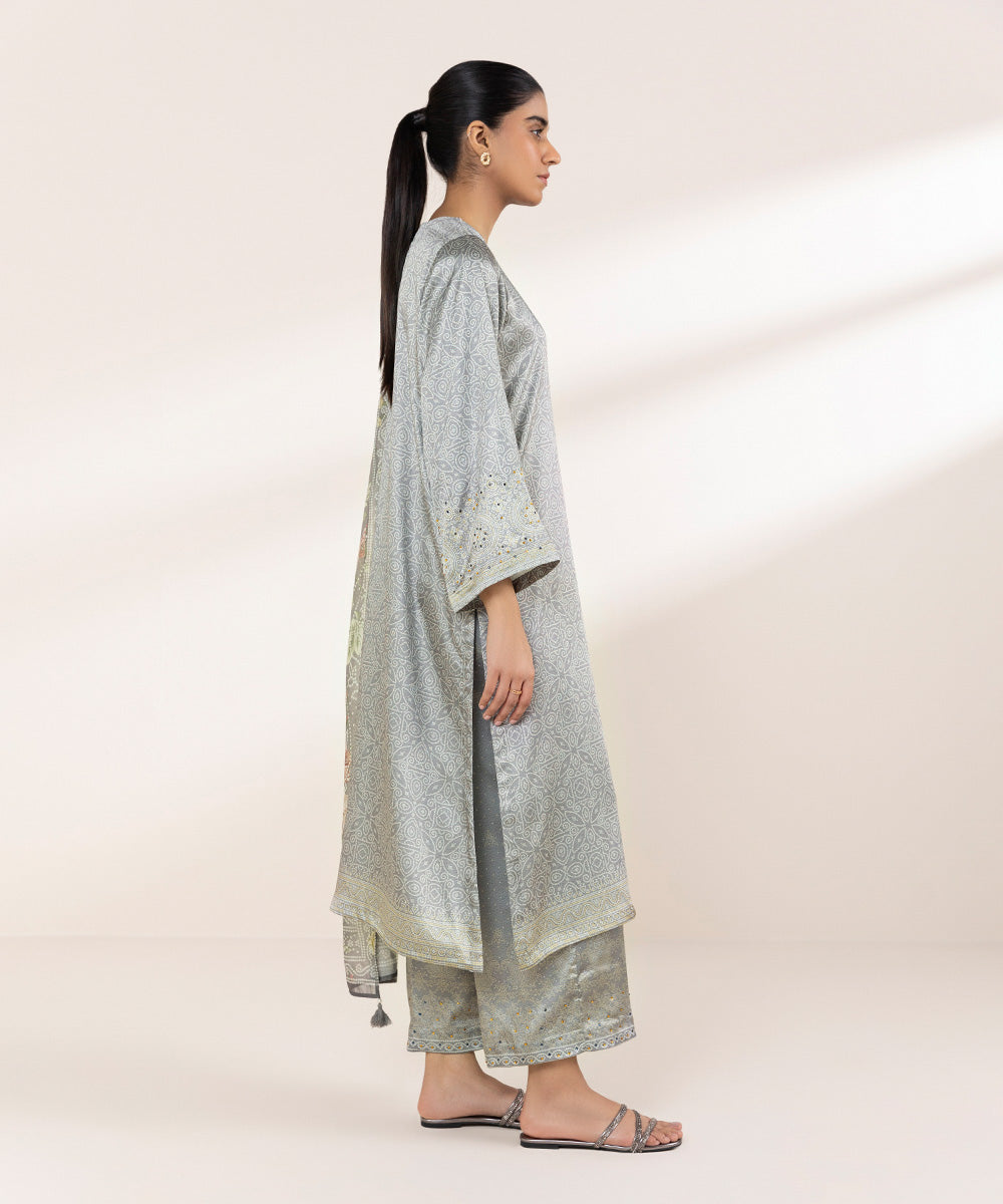 Women's Pret Blended Satin Grey Printed Three Piece Suit