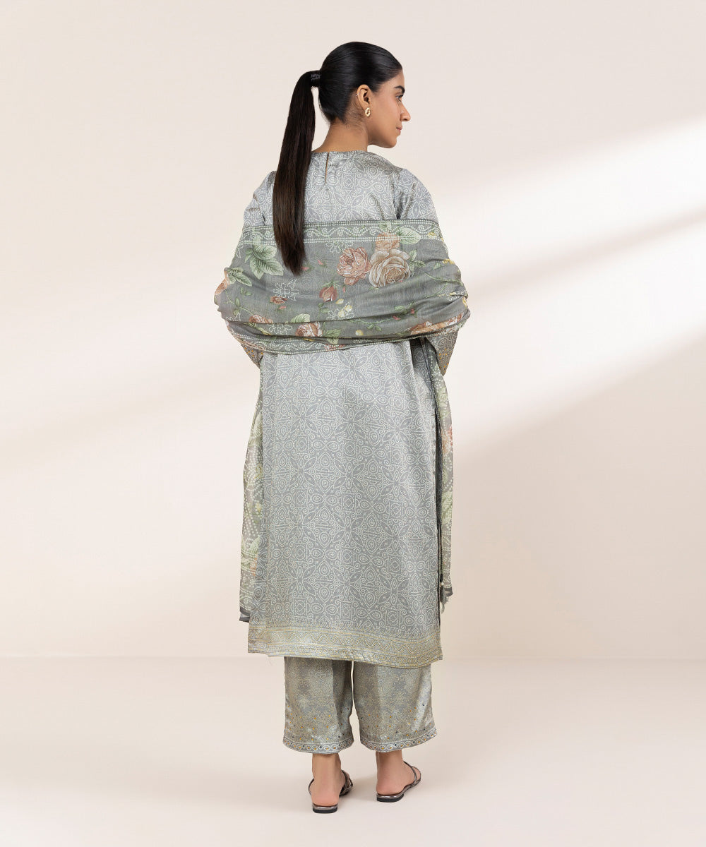 Women's Pret Blended Satin Grey Printed Three Piece Suit