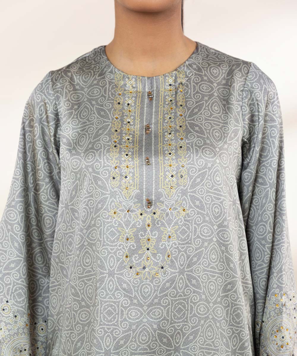 Women's Pret Blended Satin Grey Printed Three Piece Suit