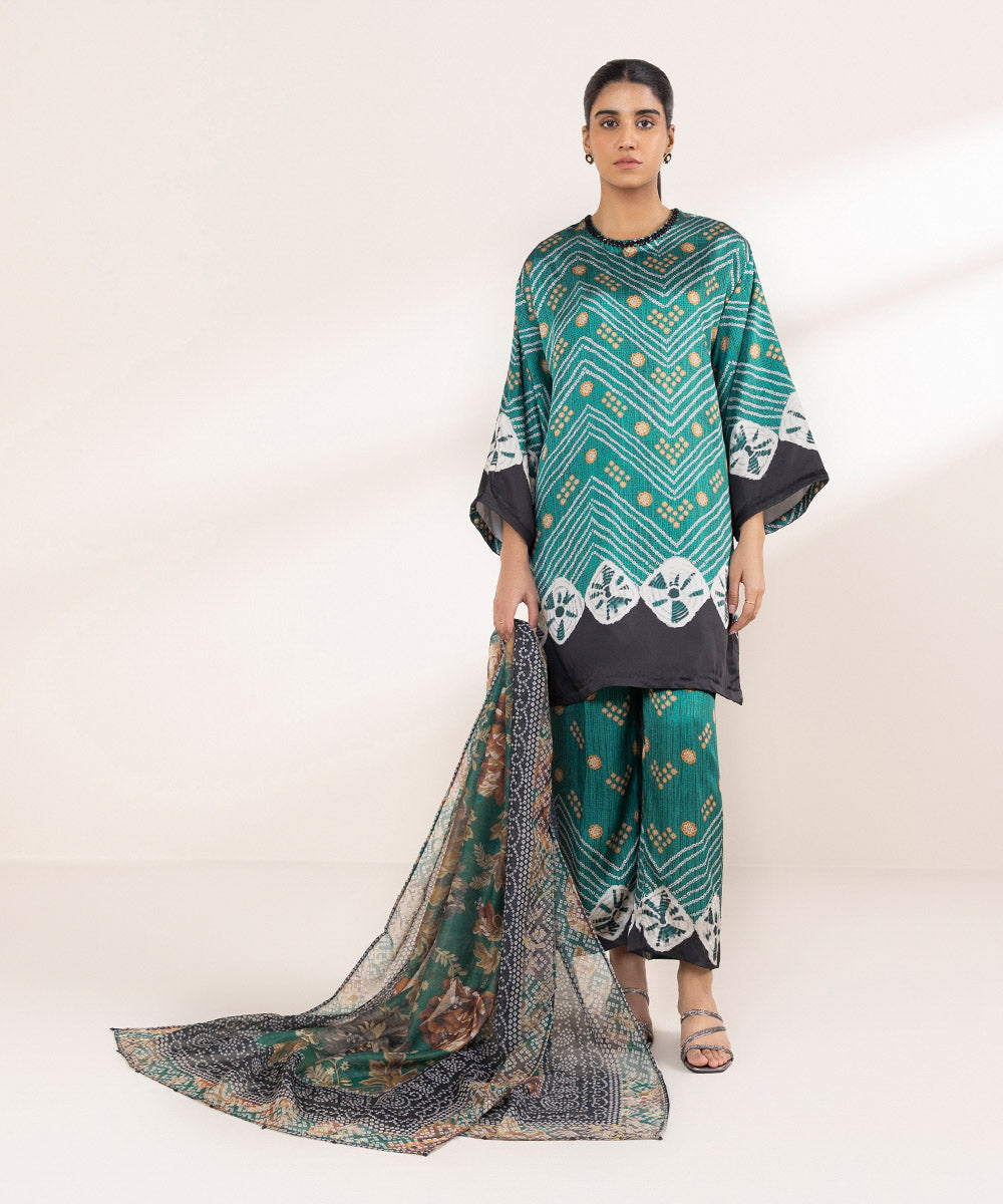 Women's Pret Blended Satin Green Printed Three Piece Suit