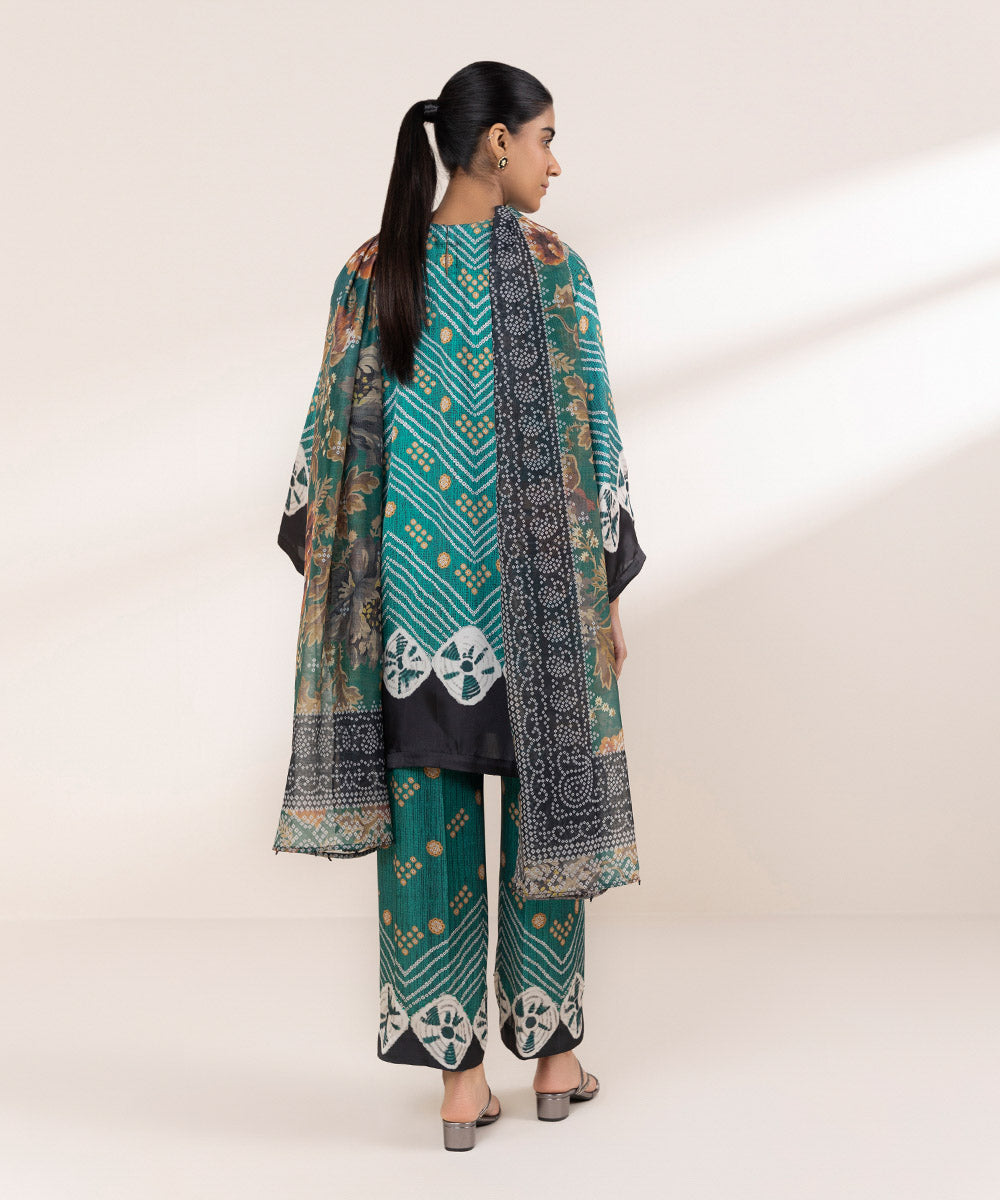 Women's Pret Blended Satin Green Printed Three Piece Suit