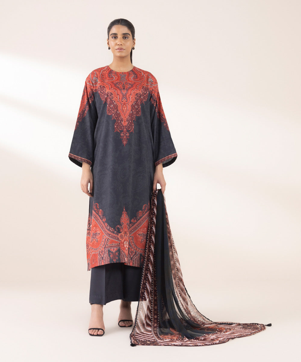 Women's RTW Blended Grip Black Printed Three Piece Suit