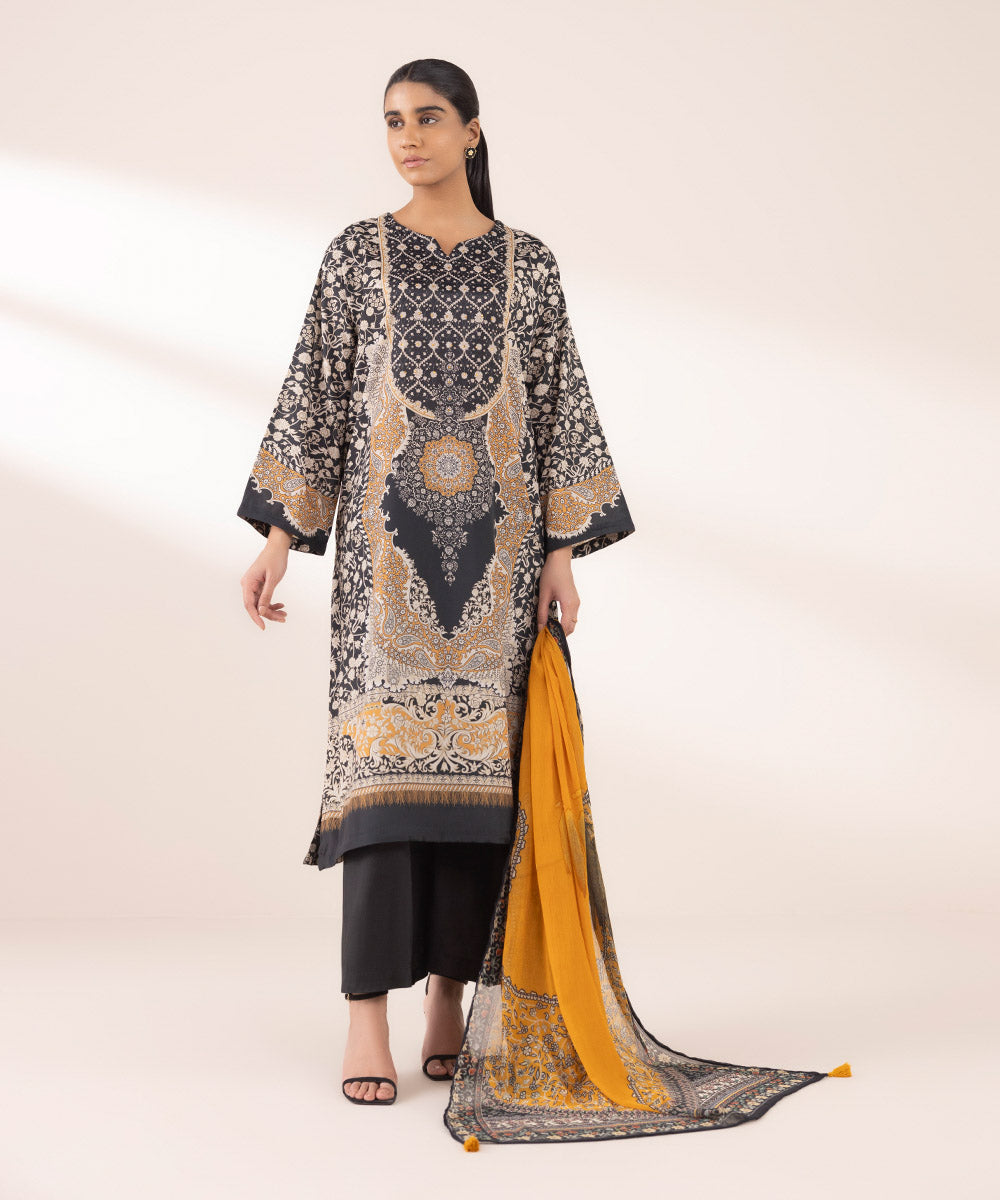 Women's RTW Blended Grip Black Printed Three Piece Suit