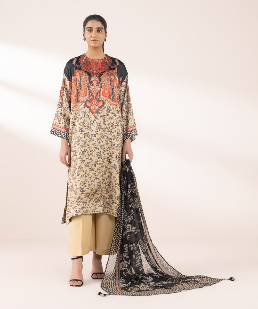Women's RTW Blended Satin Multi Printed Three Piece Suit