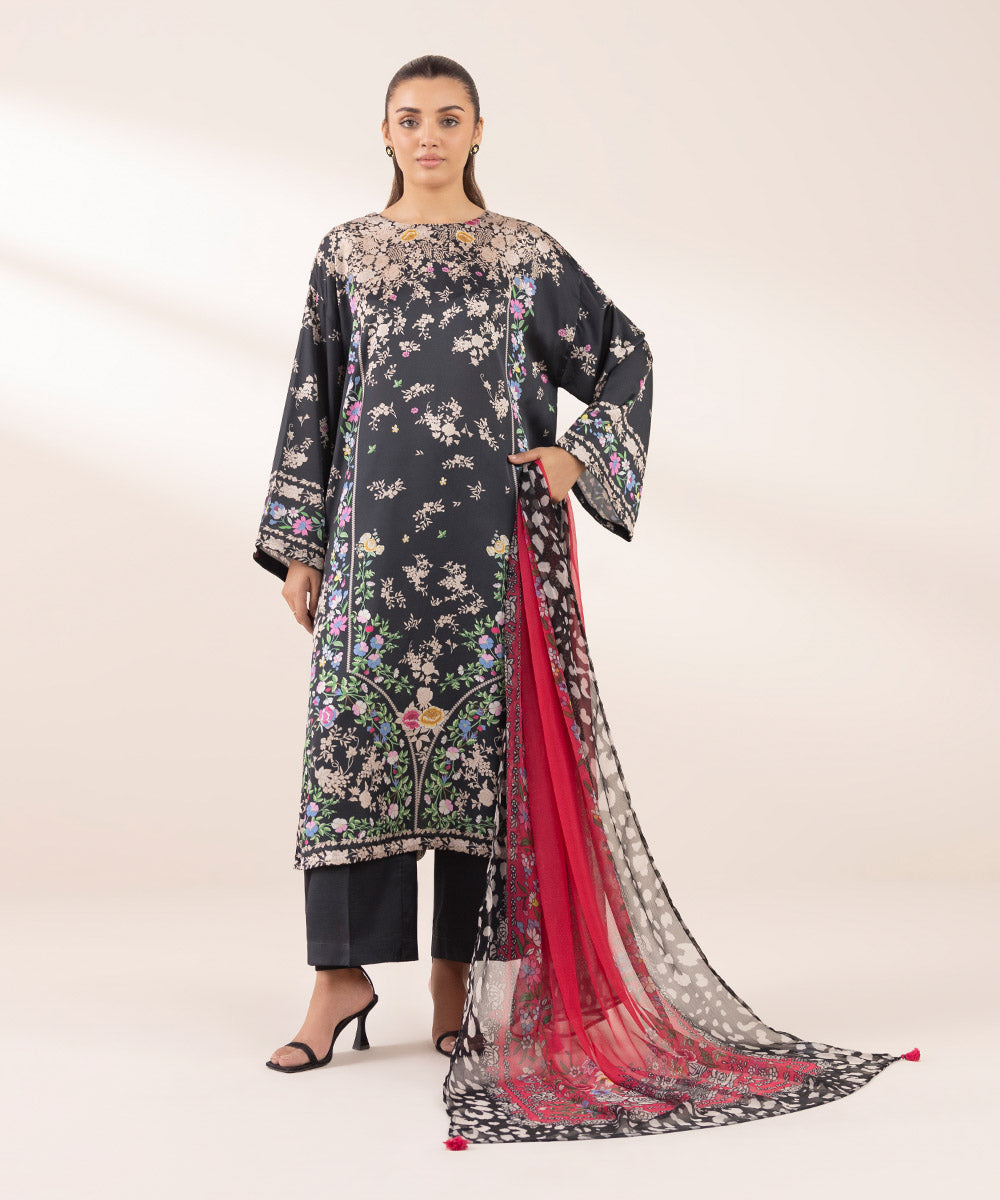 Women's RTW Blended Satin Black Printed Three Piece Suit