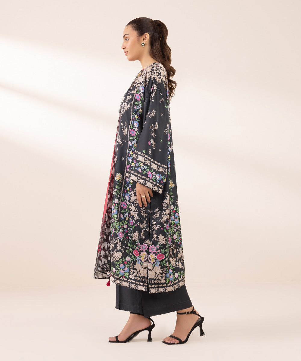 Women's RTW Blended Satin Black Printed Three Piece Suit
