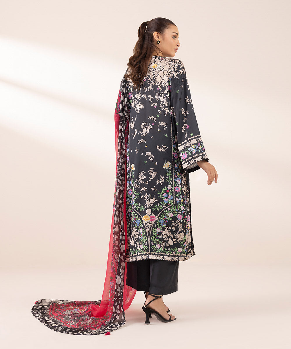 Women's RTW Blended Satin Black Printed Three Piece Suit