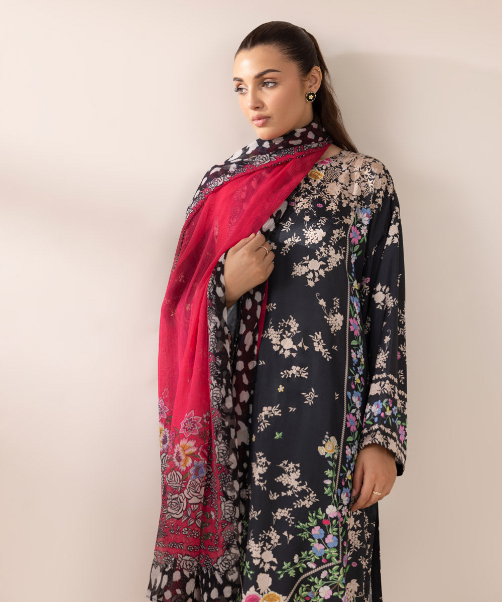 Women's RTW Blended Satin Black Printed Three Piece Suit