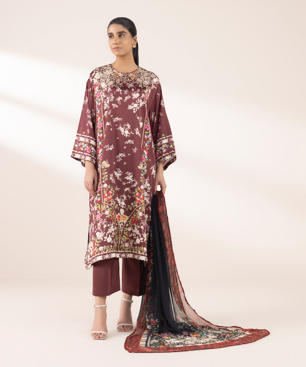 Women's RTW Blended Satin Red Printed Three Piece Suit