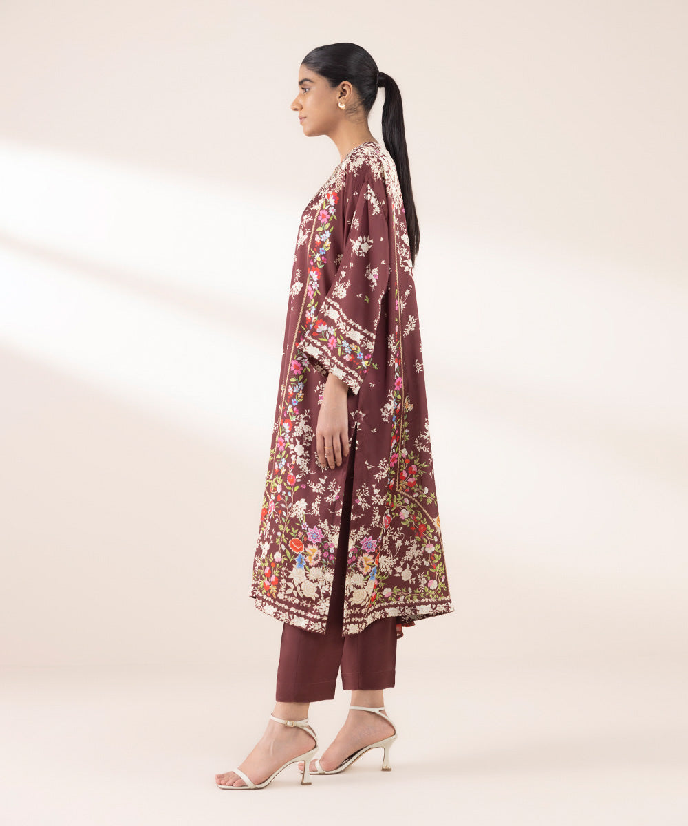 Women's RTW Blended Satin Red Printed Three Piece Suit
