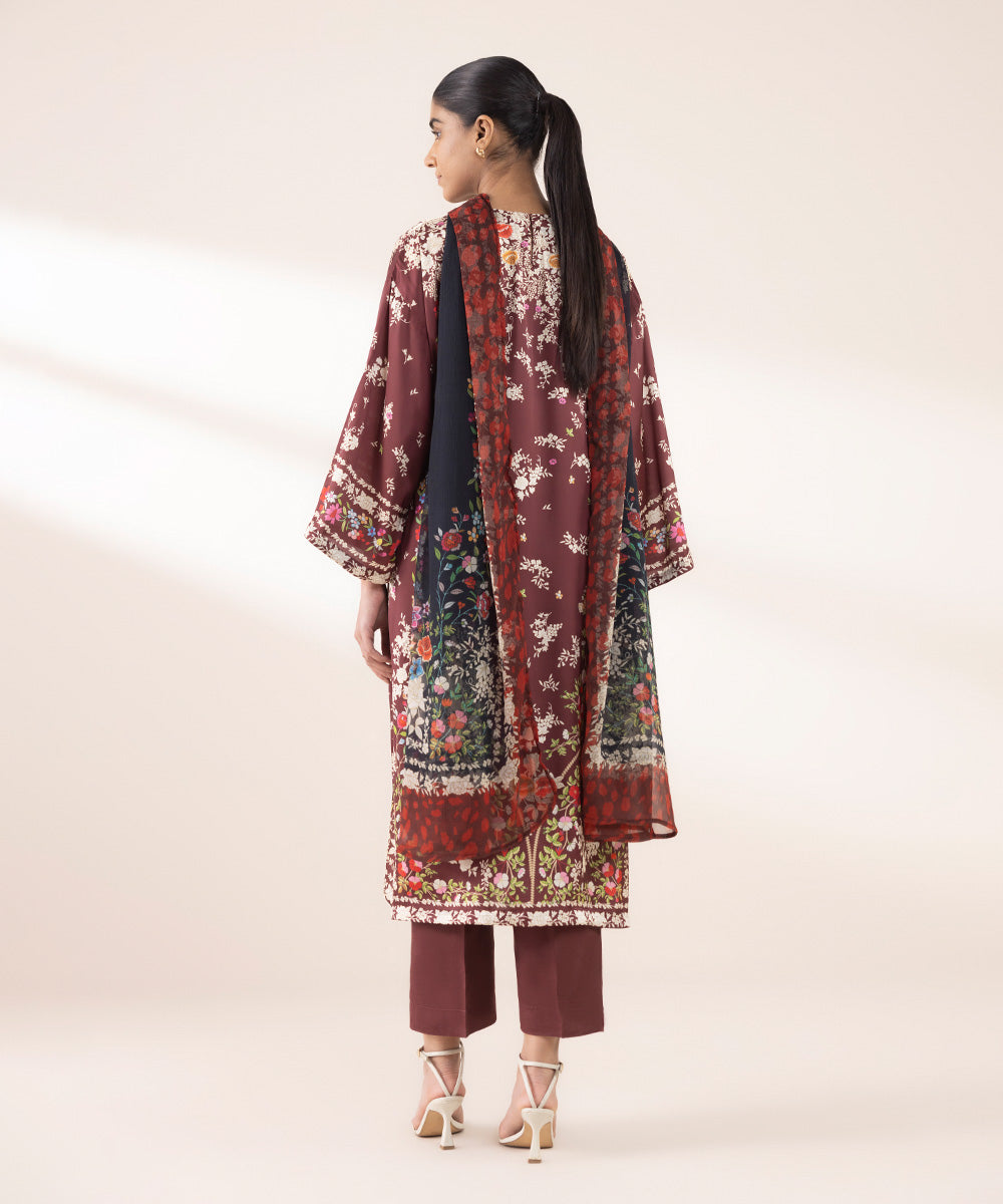 Women's RTW Blended Satin Red Printed Three Piece Suit