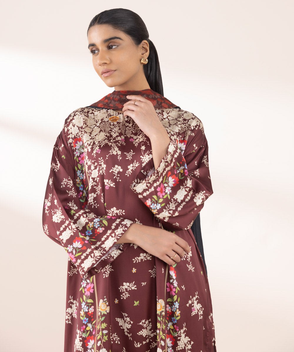 Women's RTW Blended Satin Red Printed Three Piece Suit