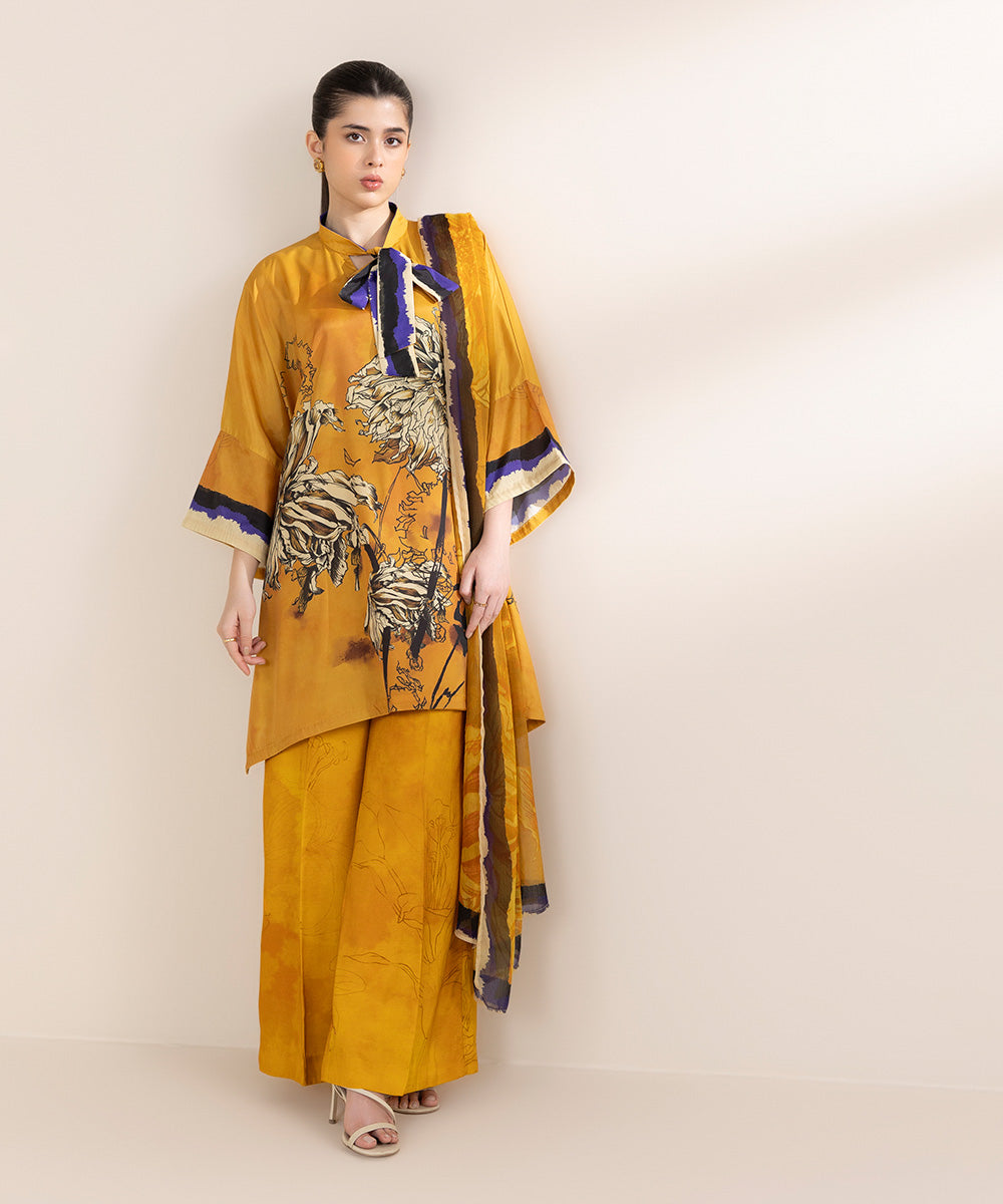 Women's RTW Blended Grip Orange Printed Three Piece Suit