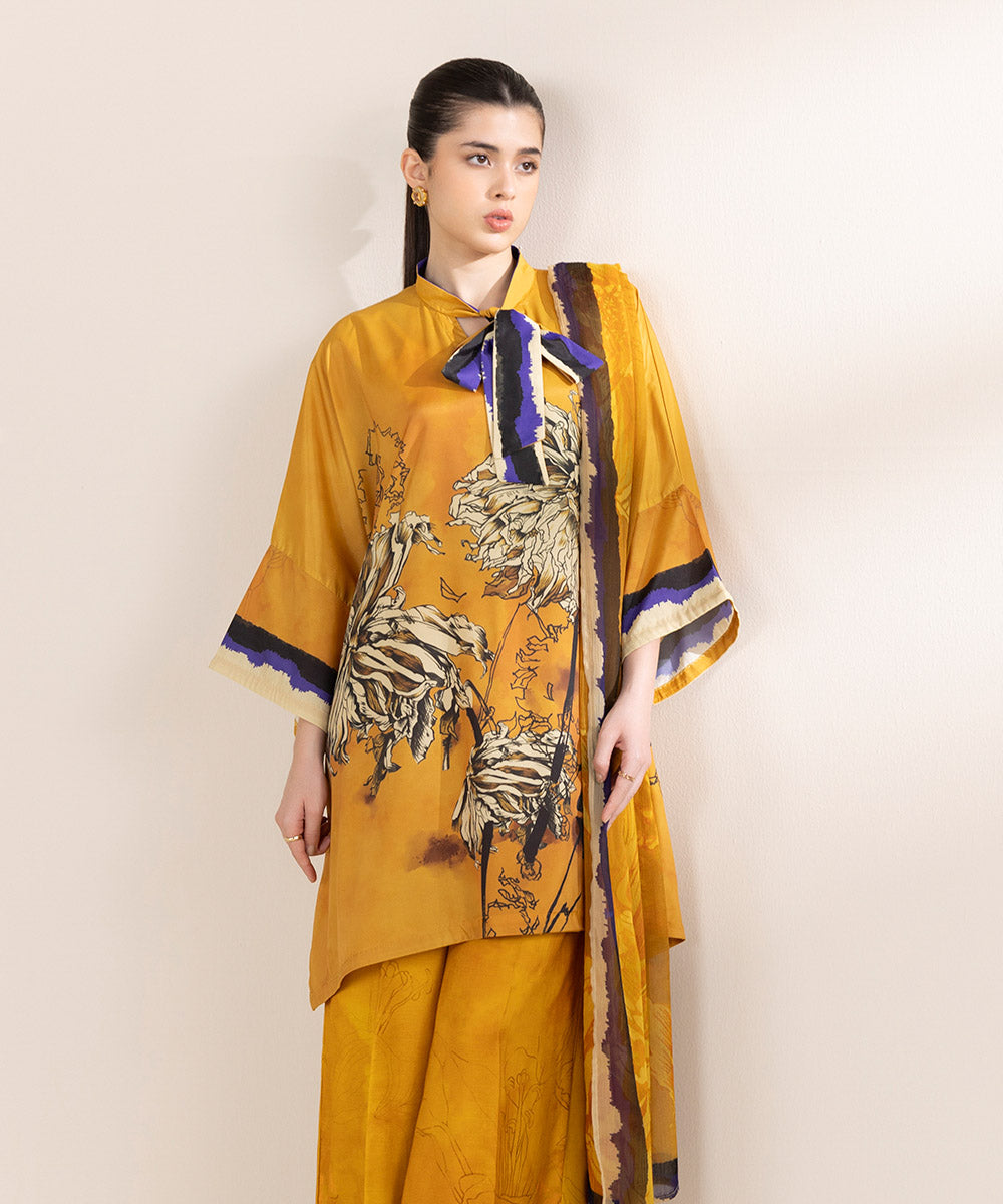Women's RTW Blended Grip Orange Printed Three Piece Suit