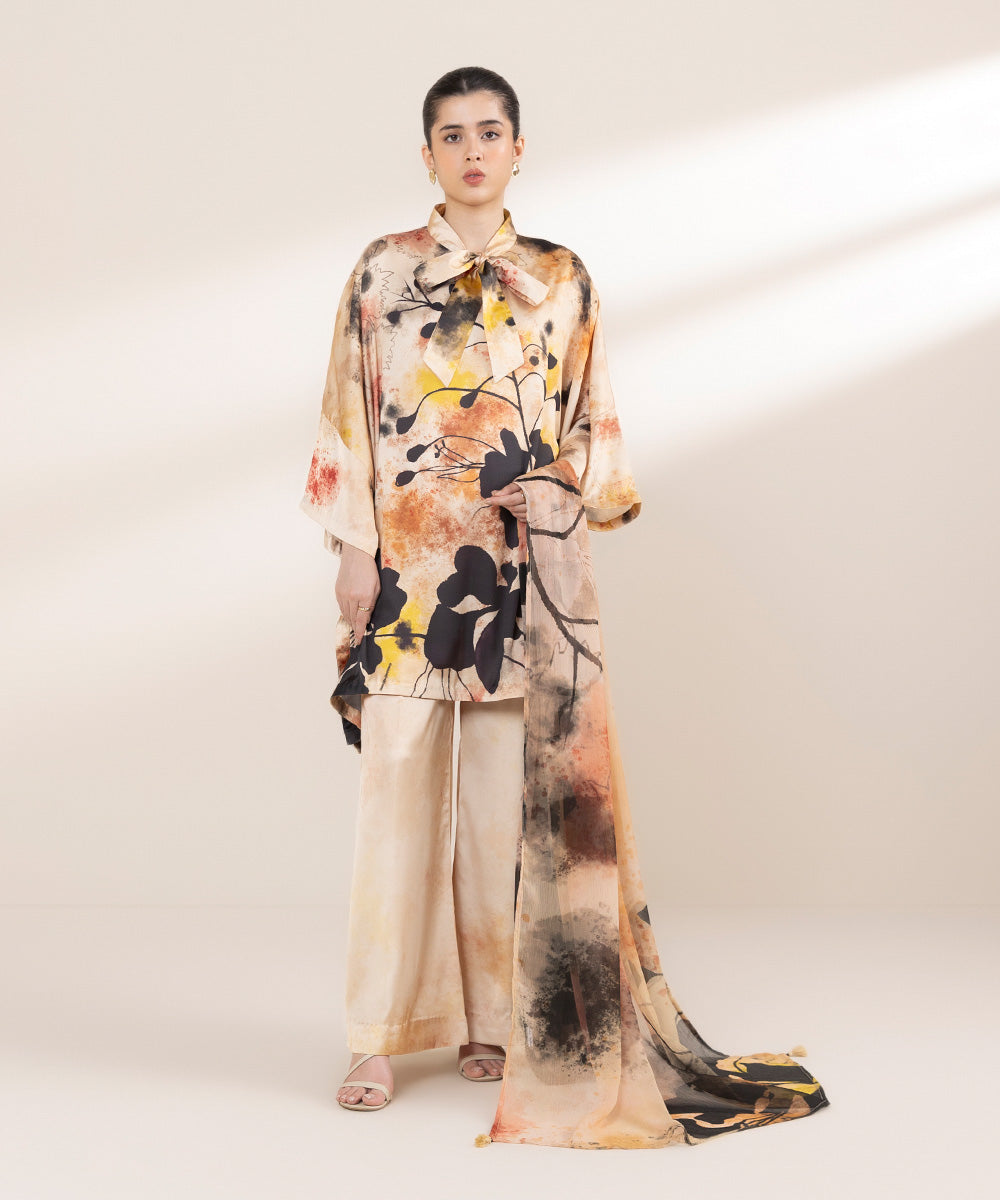 Women's RTW Blended Satin Multi Printed Three Piece Suit