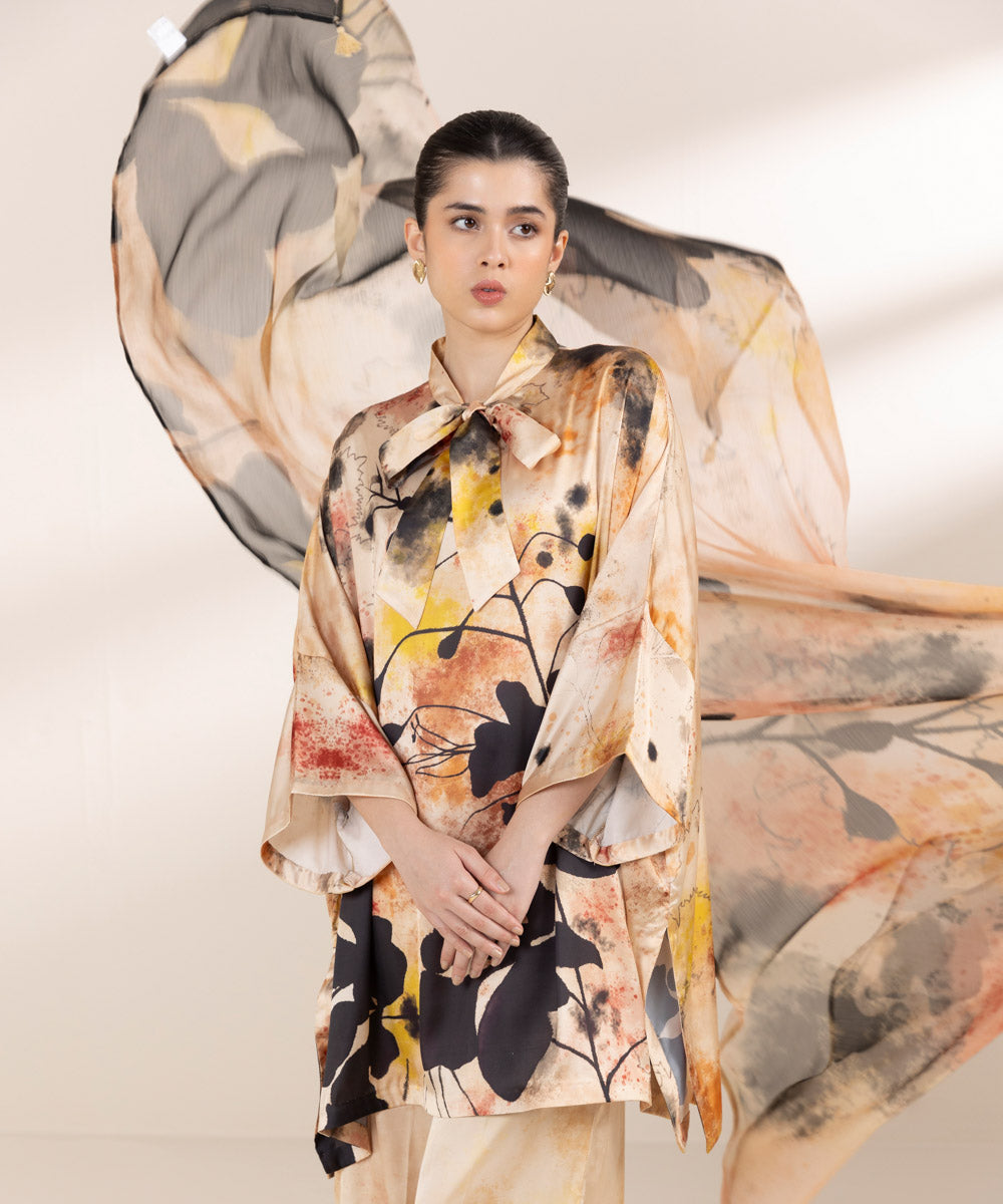 Women's RTW Blended Satin Multi Printed Three Piece Suit