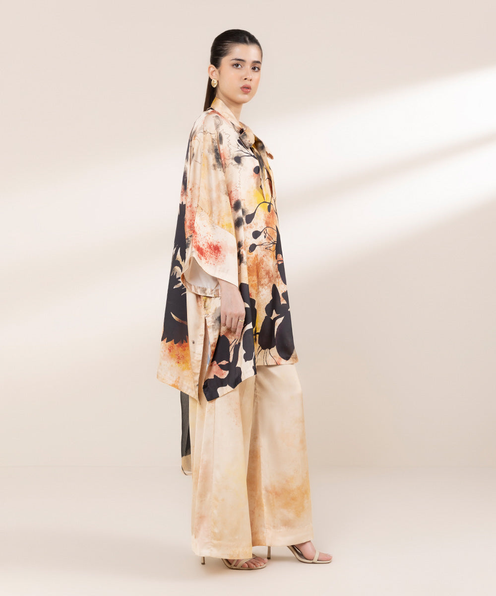 Women's RTW Blended Satin Multi Printed Three Piece Suit