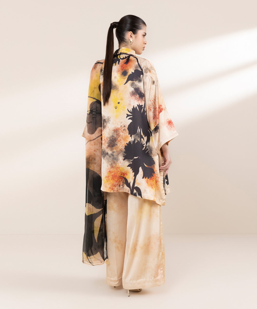 Women's RTW Blended Satin Multi Printed Three Piece Suit