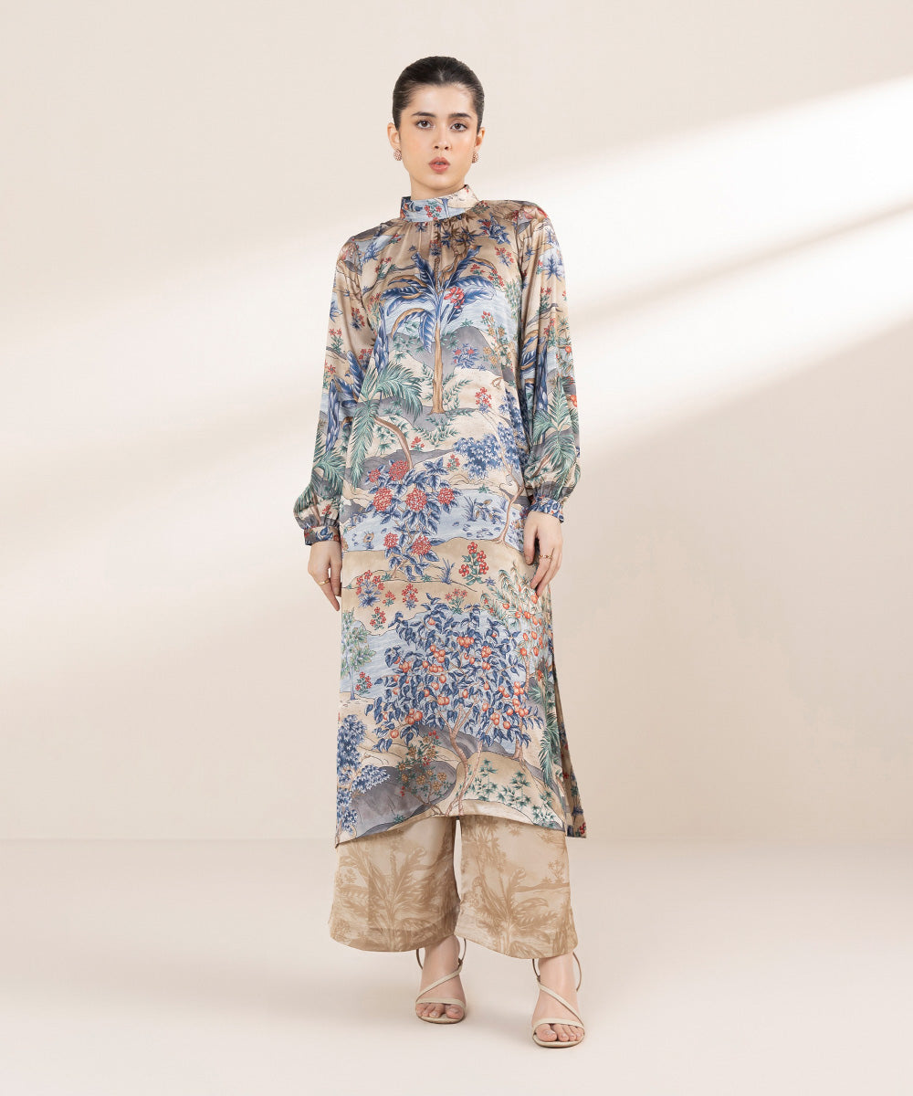 Women's RTW Blended Satin Multi Printed 2 Piece Suit