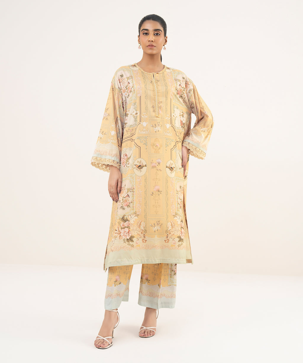 Women's RTW Blended Grip Beige Printed A-Line 2 Piece Suit
