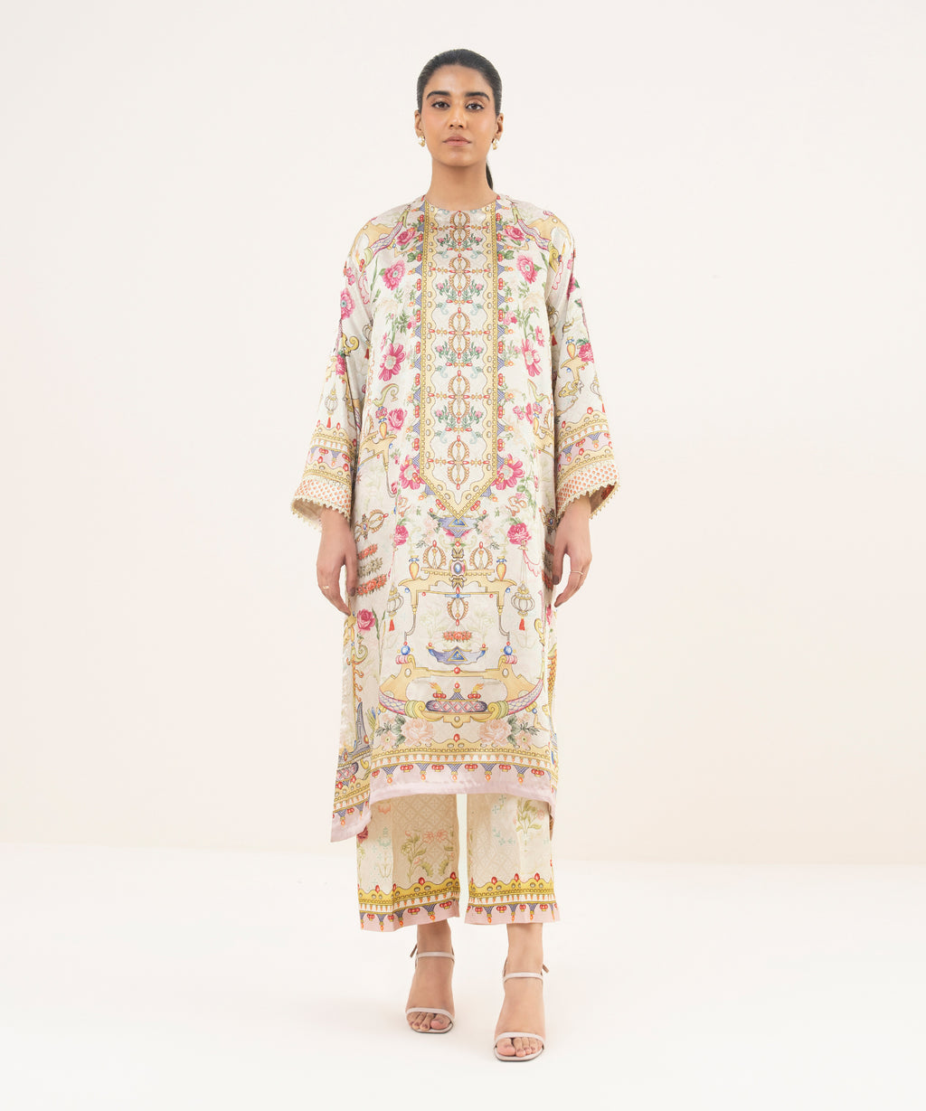Women's RTW Blended Satin Beige Printed A-Line 2 Piece Suit