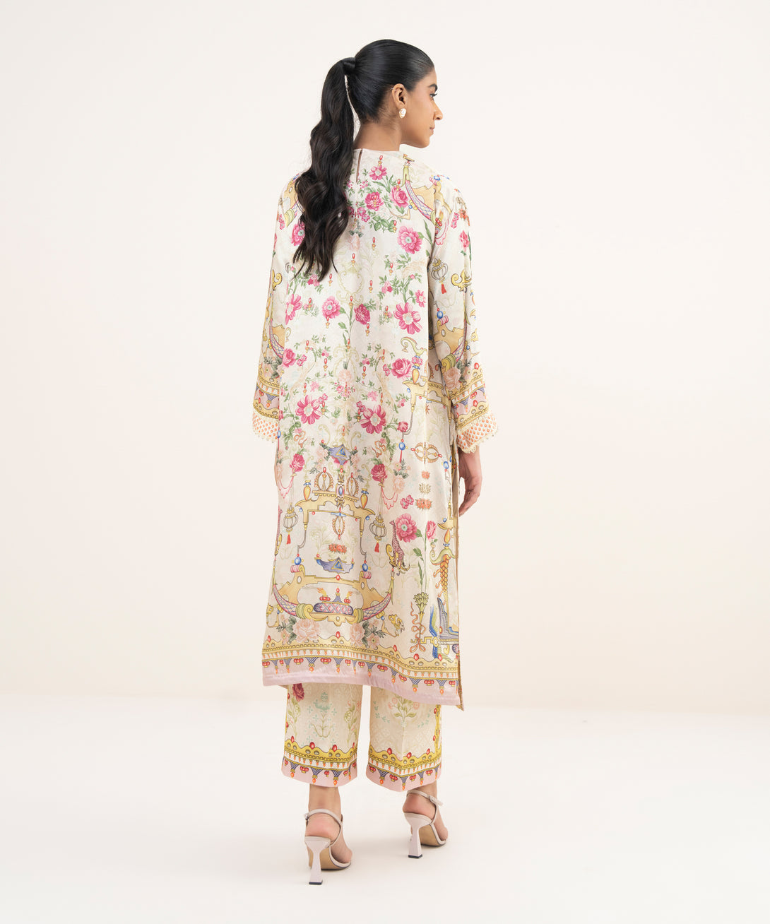 Women's RTW Blended Satin Beige Printed A-Line 2 Piece Suit