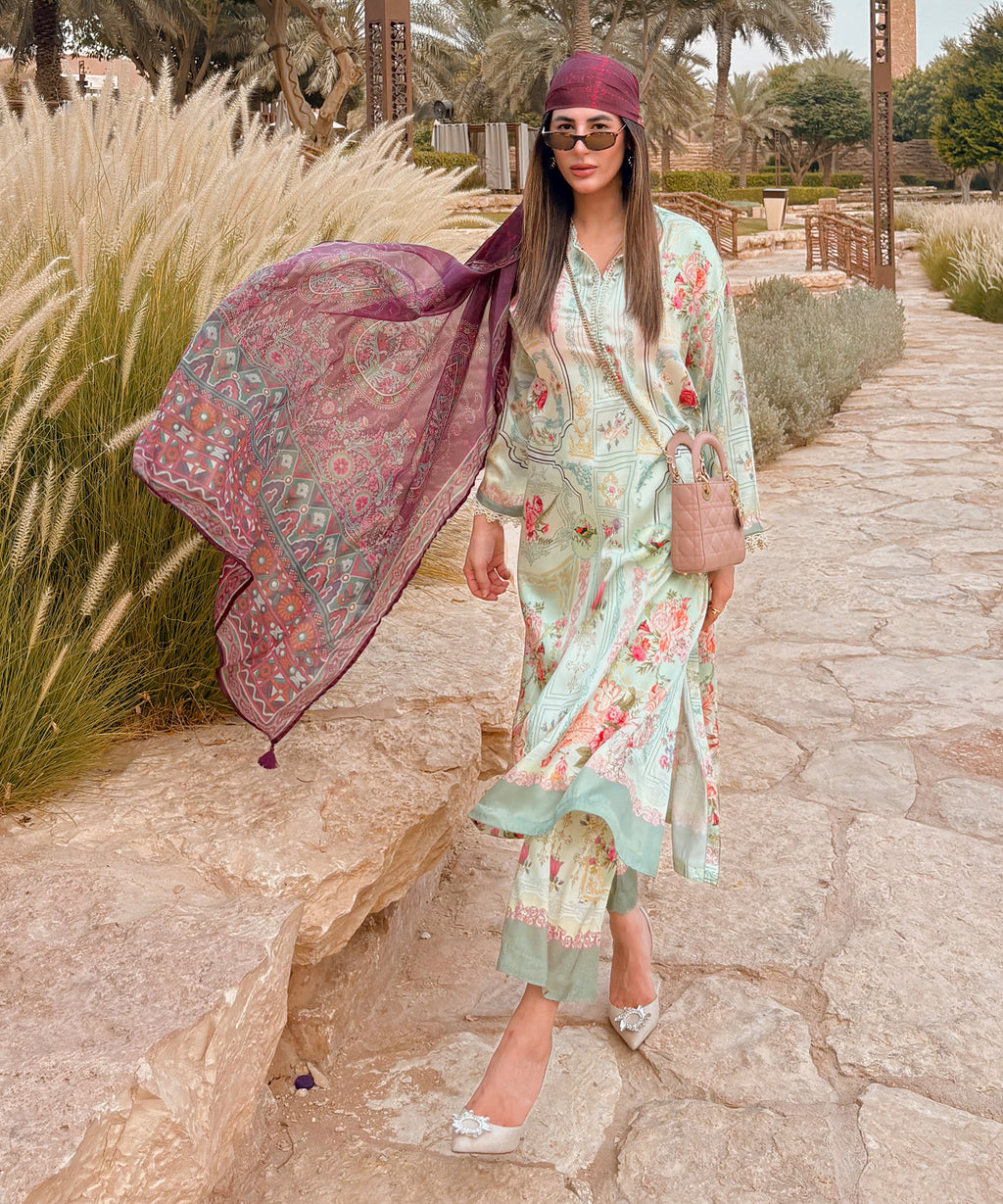 Women's RTW Blended Satin Green Printed A-Line 2 Piece Suit