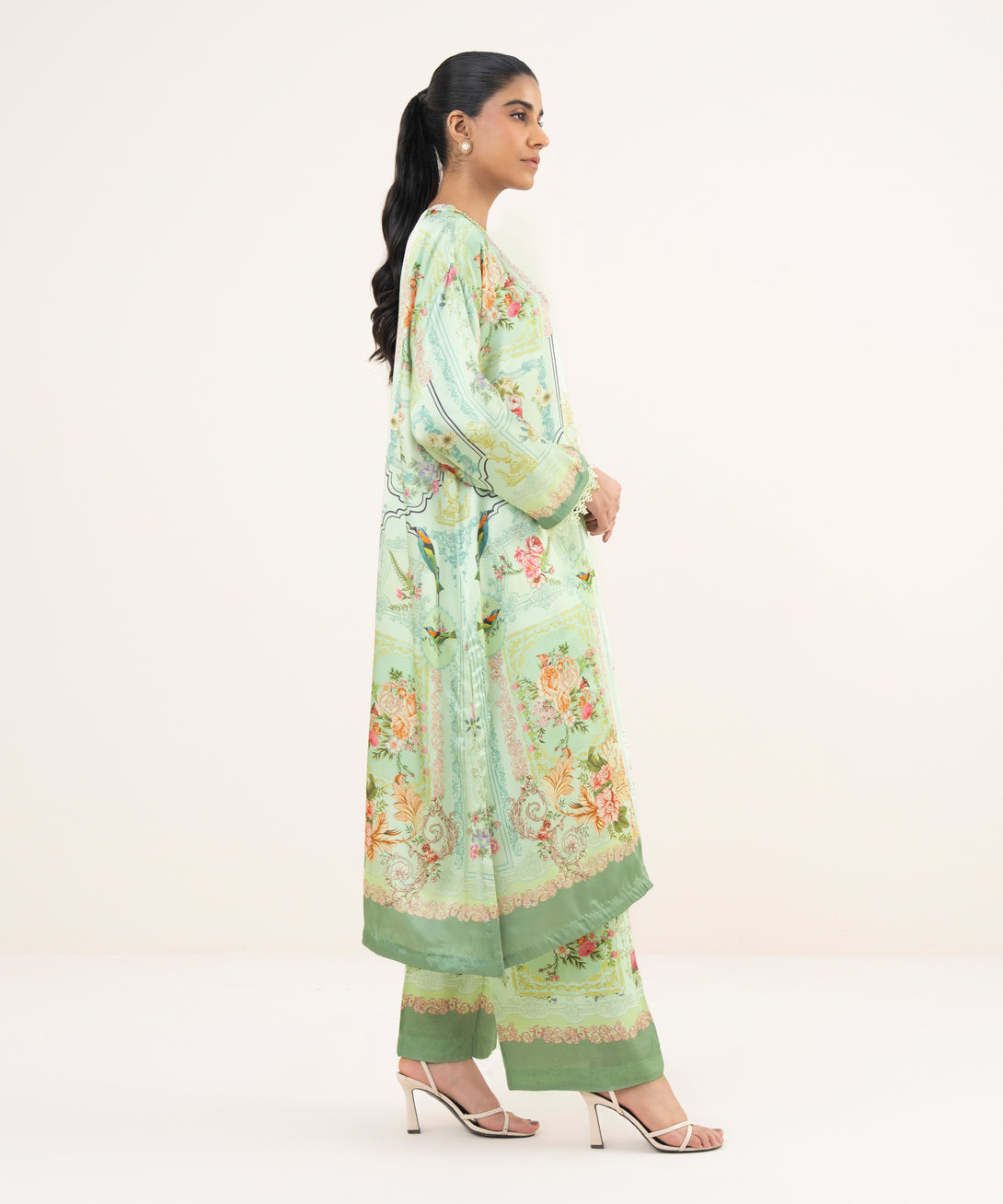 Women's RTW Blended Satin Green Printed A-Line 2 Piece Suit