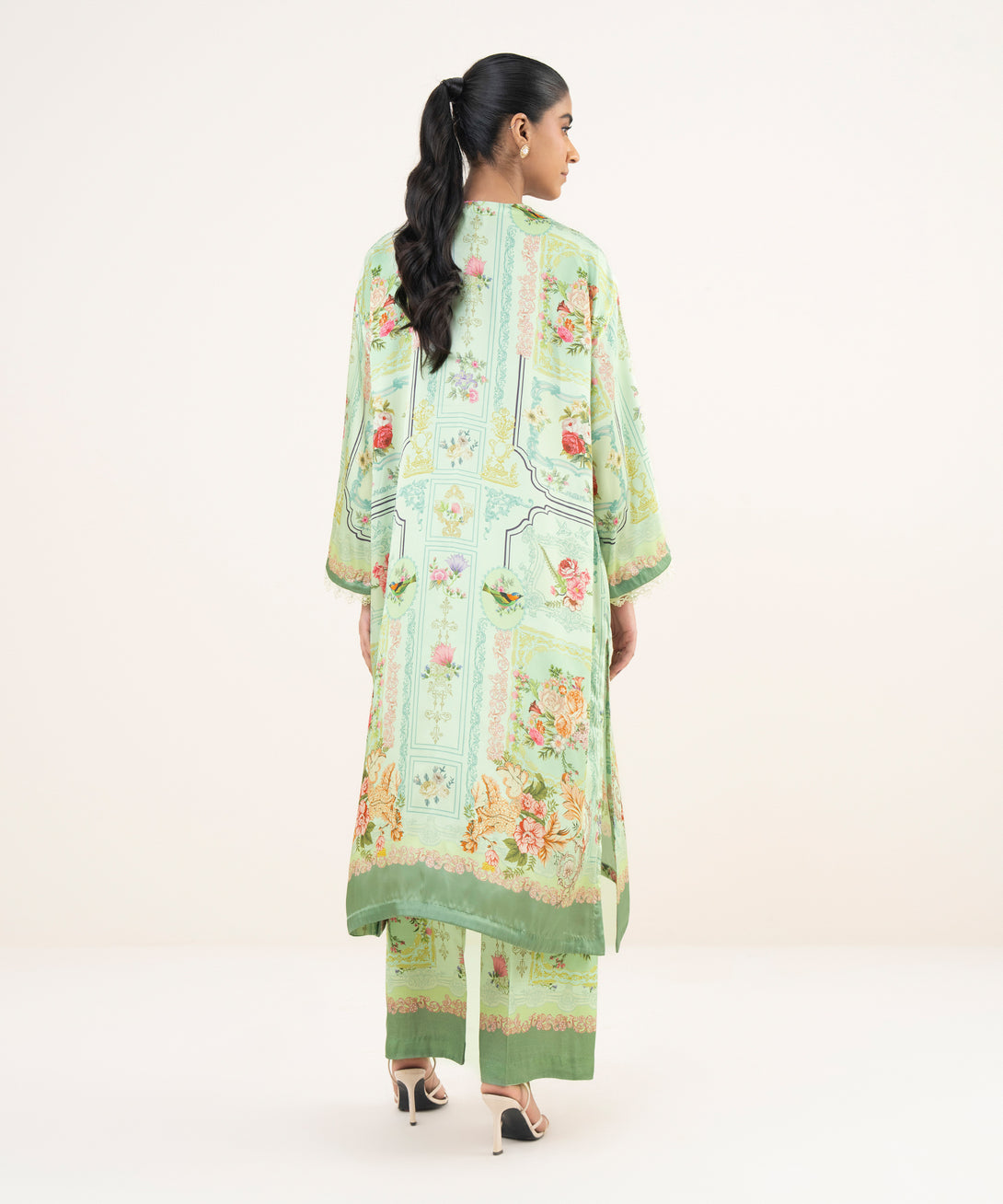 Women's RTW Blended Satin Green Printed A-Line 2 Piece Suit