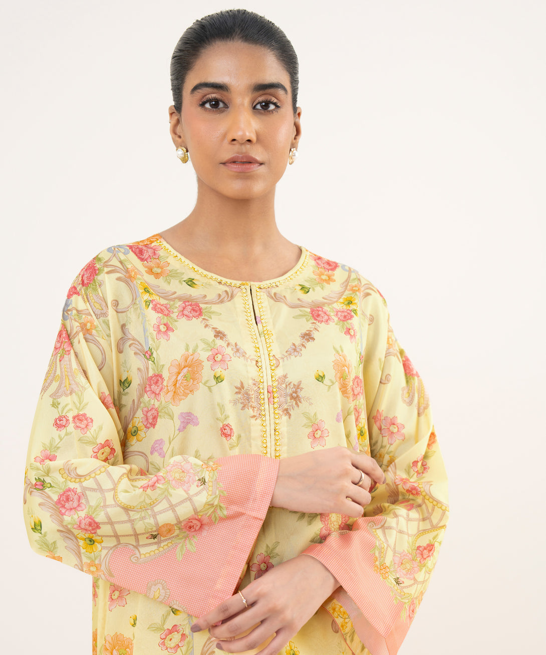 Women's RTW Blended Satin Yellow Printed A-Line 2 Piece Suit
