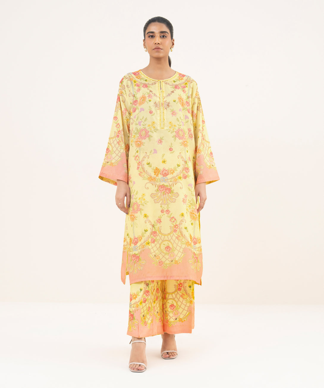 Women's RTW Blended Satin Yellow Printed A-Line 2 Piece Suit