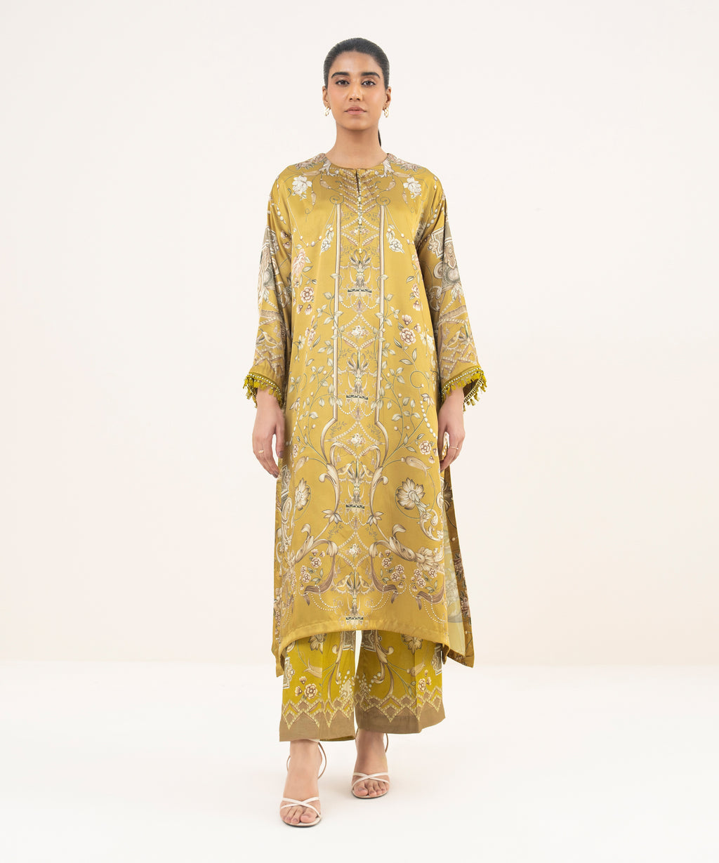 Women's RTW Blended Satin Golden Printed A-Line 2 Piece Suit