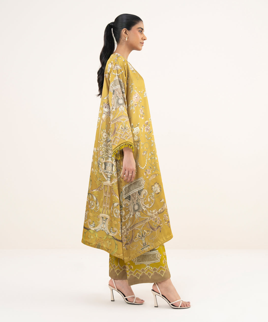 Women's RTW Blended Satin Golden Printed A-Line 2 Piece Suit