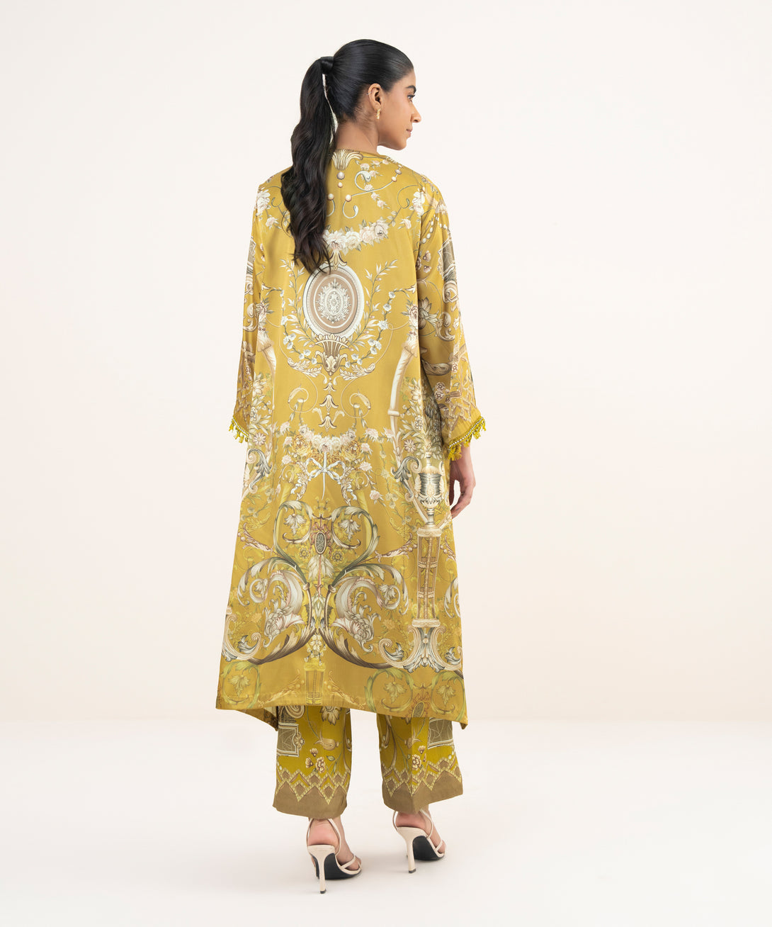 Women's RTW Blended Satin Golden Printed A-Line 2 Piece Suit