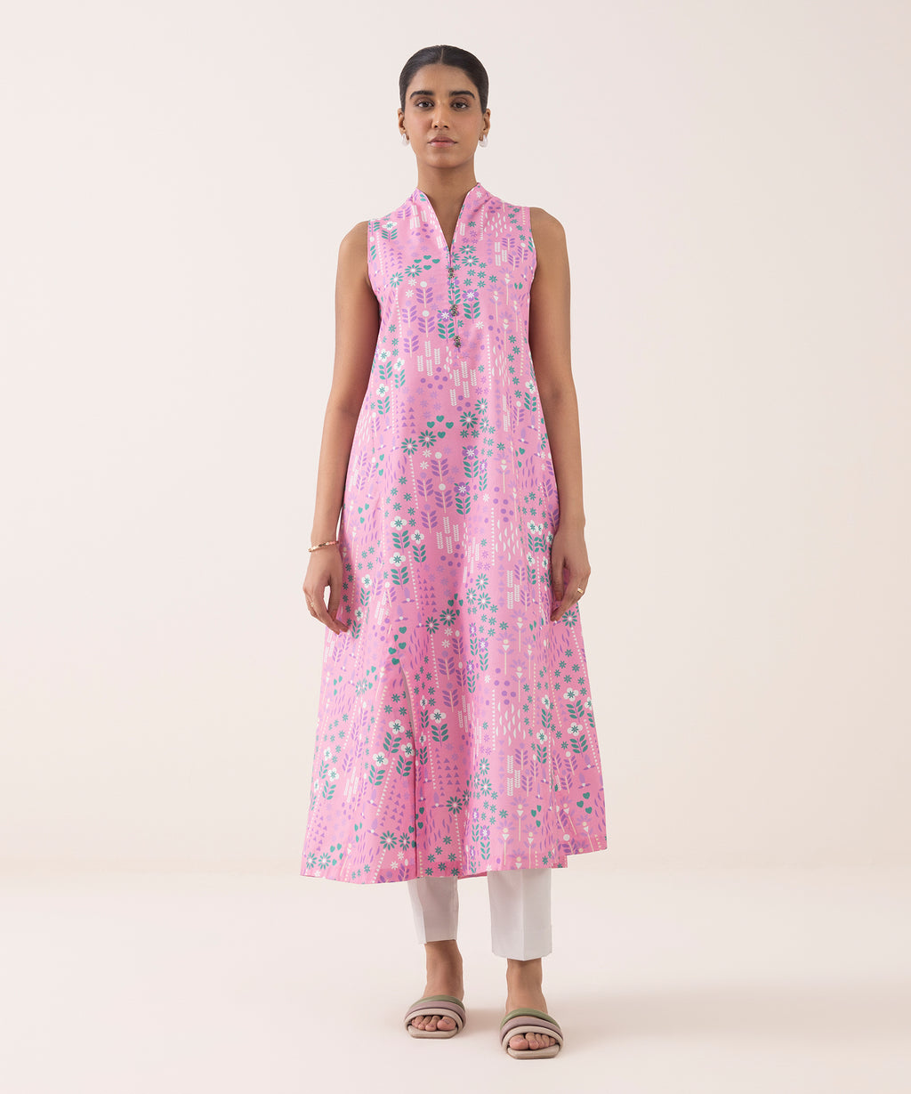 Women's Unstitched Cotton Printed Pink Shirt