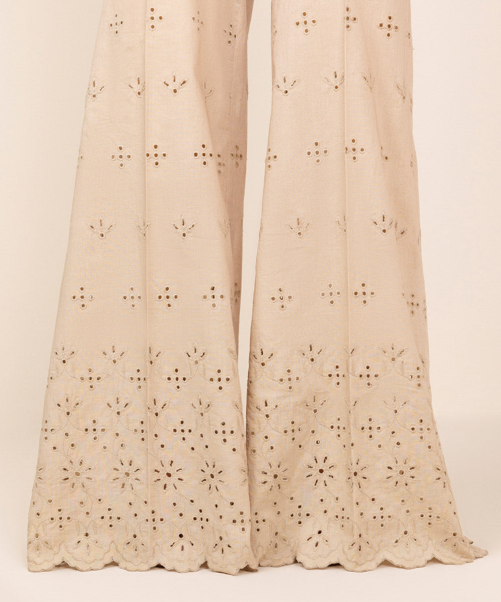 Women's Unstitched Cotton Embroidered Beige Trousers Fabric