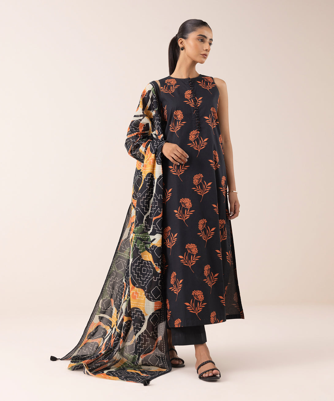 Women's Unstitched Lawn Printed Black 3 Piece Suit