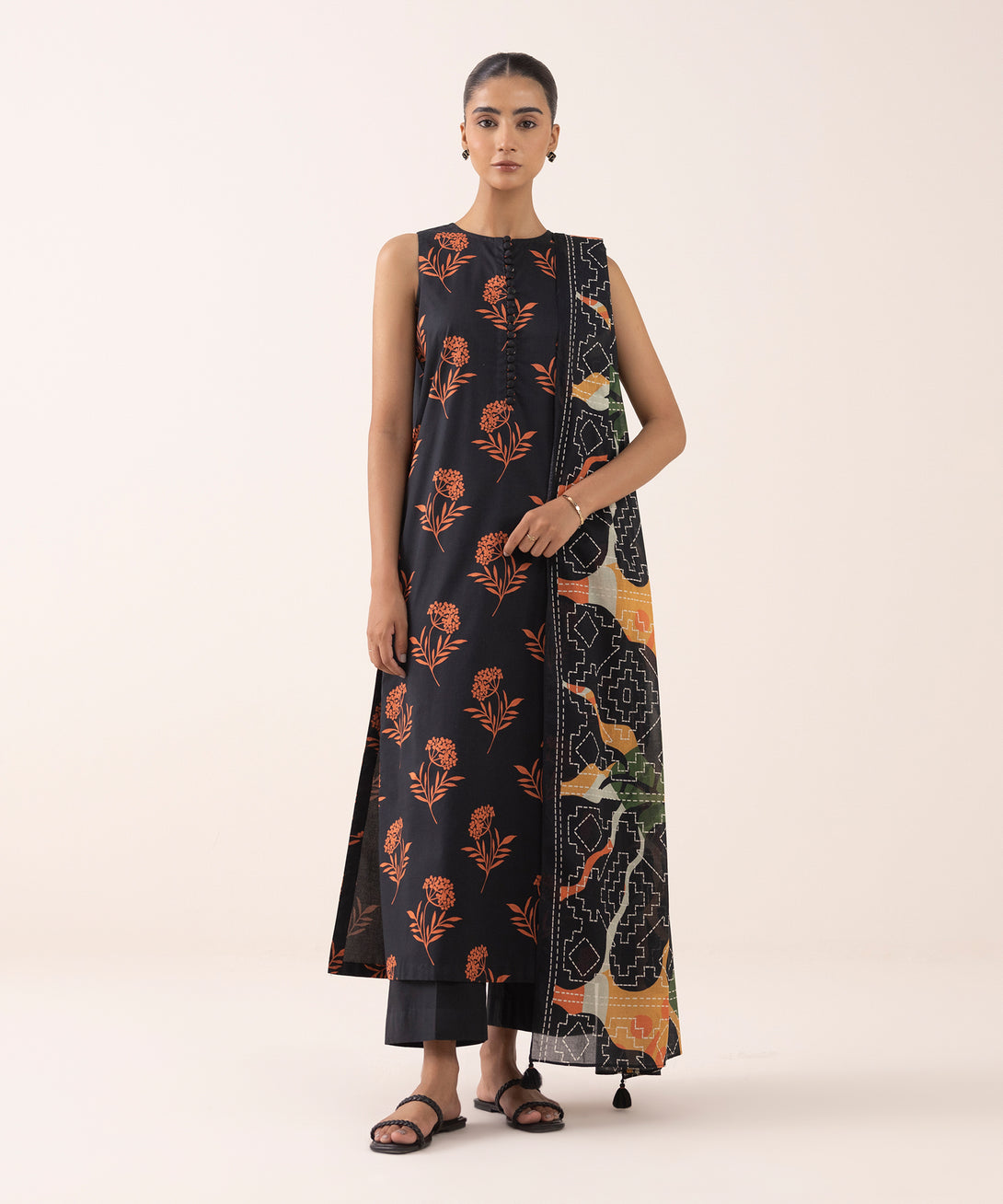 Women's Unstitched Lawn Printed Black 3 Piece Suit