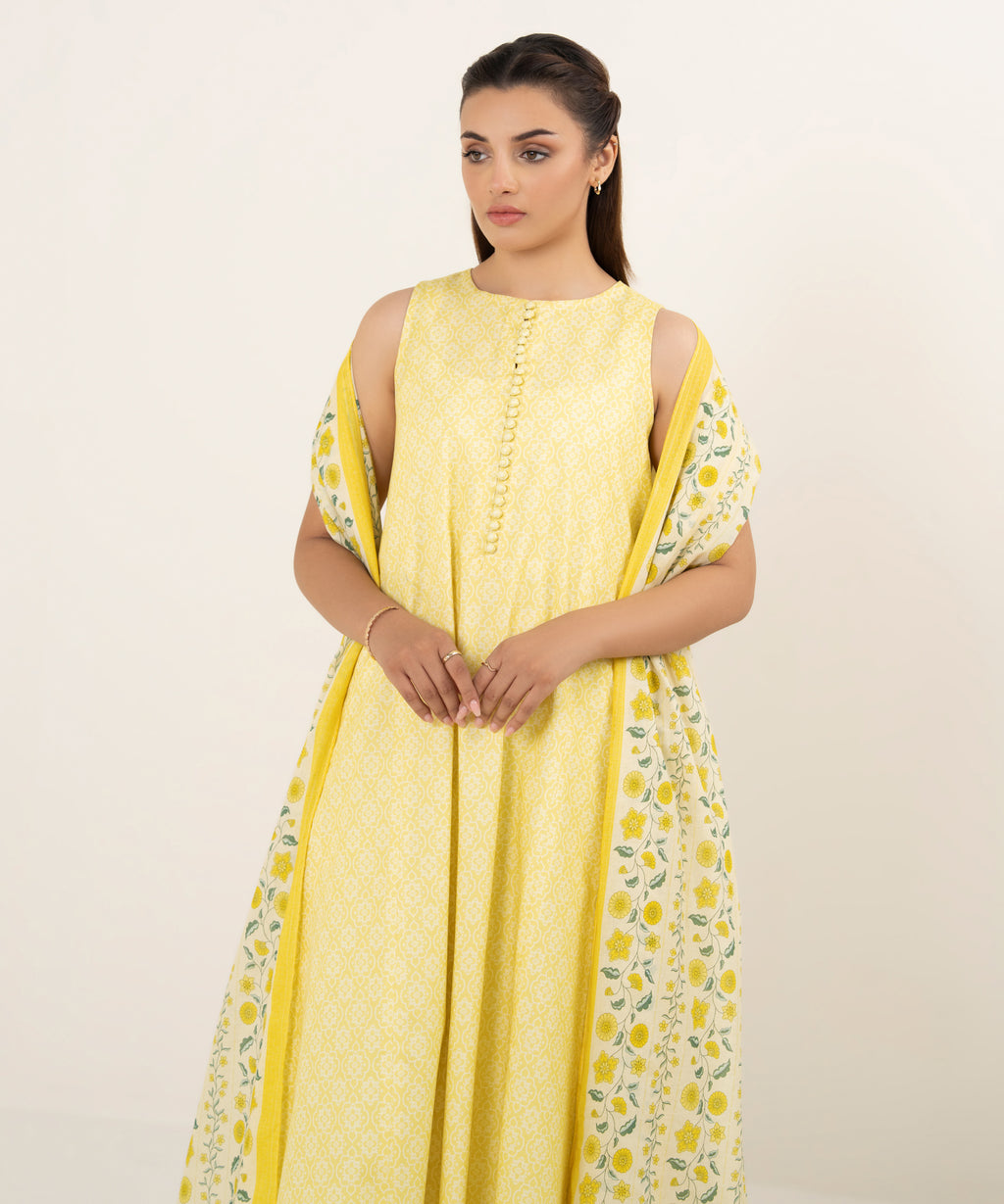Women's Unstitched Cotton Printed Yellow 2 Piece Suit