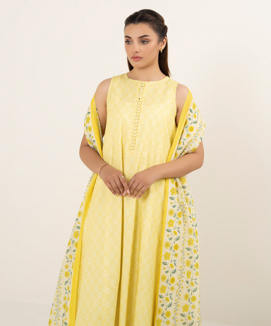 Women's Unstitched Cotton Printed Yellow 2 Piece Suit
