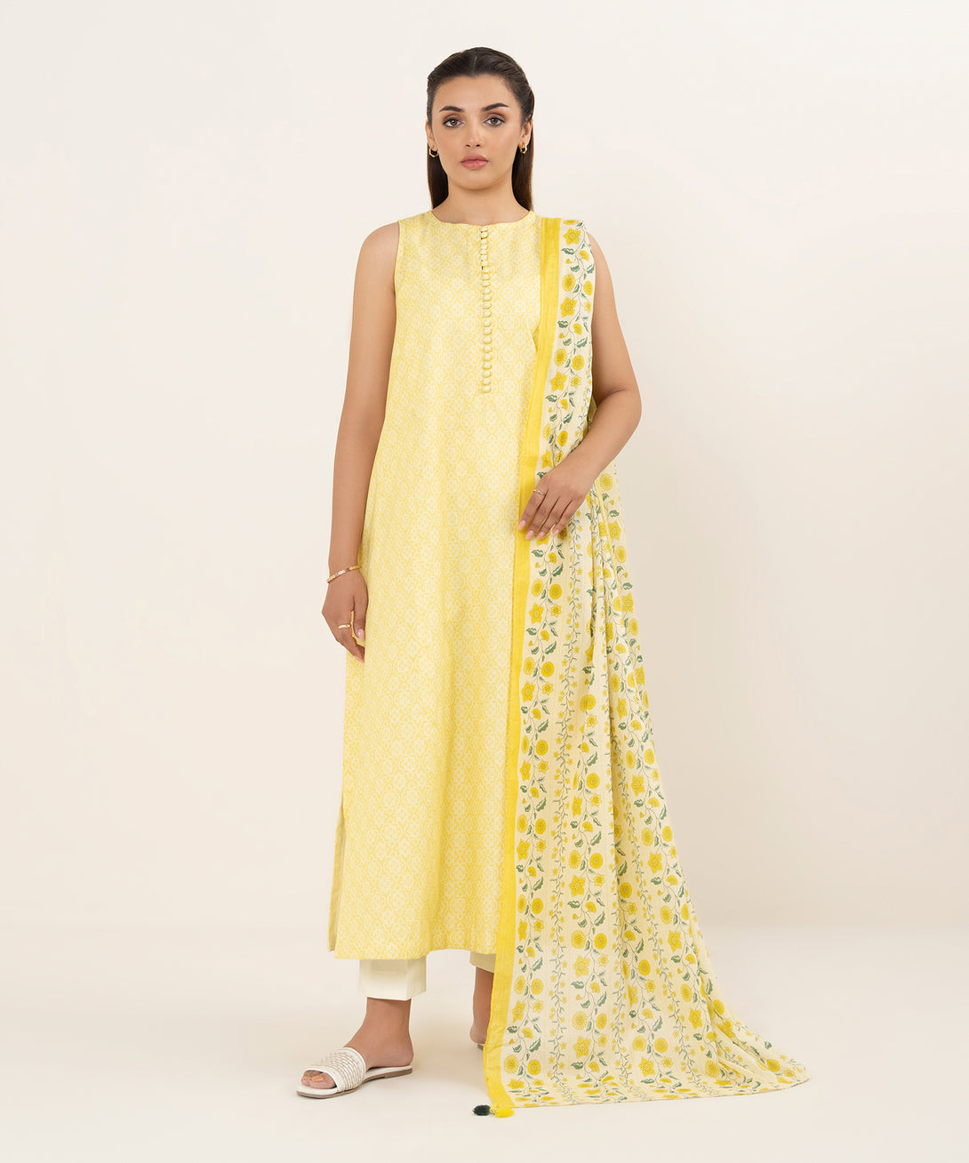 Women's Unstitched Cotton Printed Yellow 2 Piece Suit