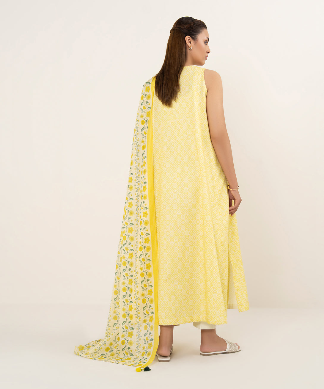 Women's Unstitched Cotton Printed Yellow 2 Piece Suit
