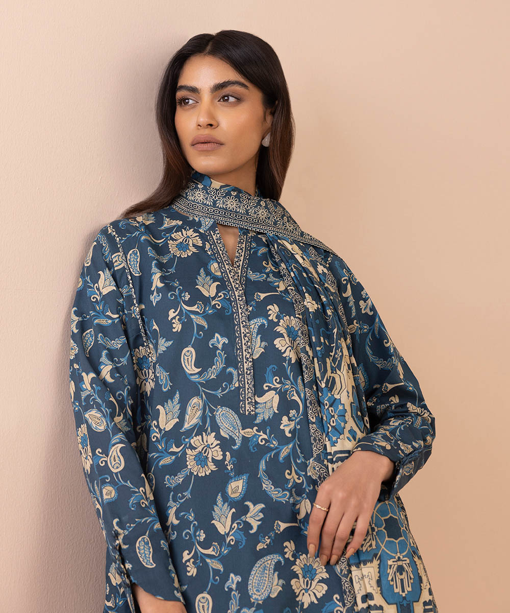 Women's Unstitched Lawn Printed Blue 2 Piece Suit