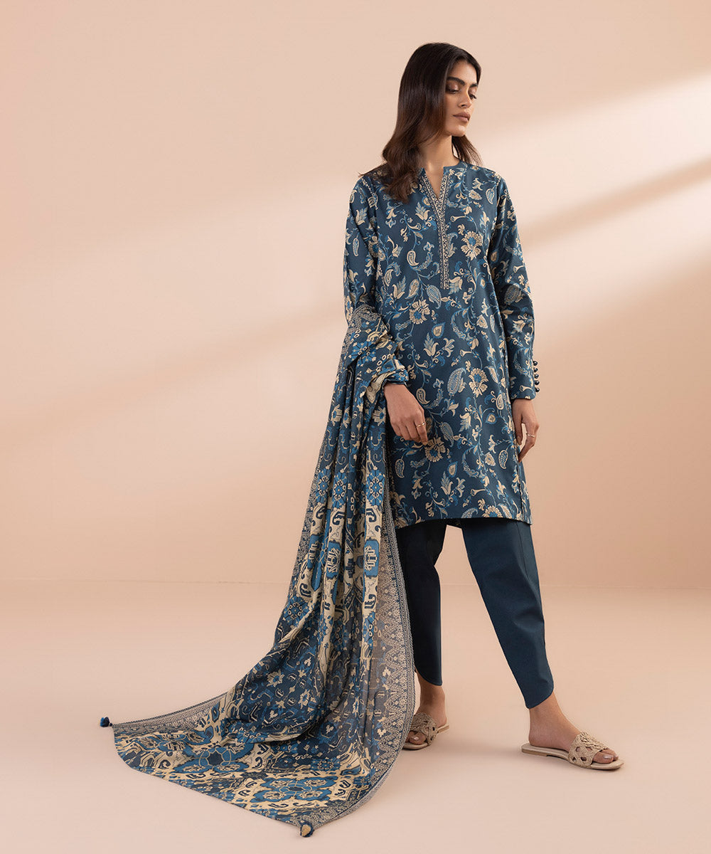 Women's Unstitched Lawn Printed Blue 2 Piece Suit