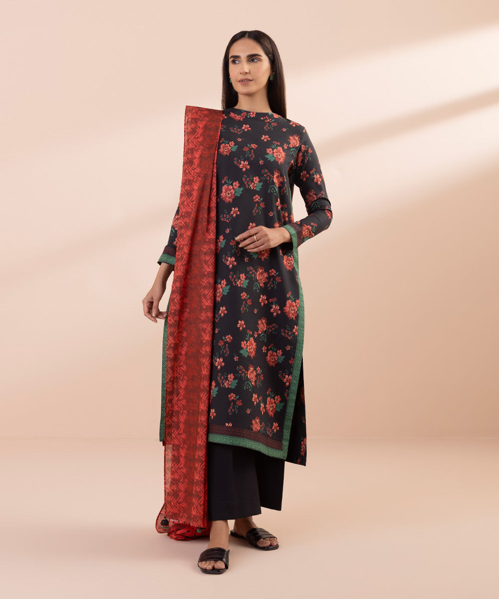 Women's Unstitched Lawn Printed Black 2 Piece Suit