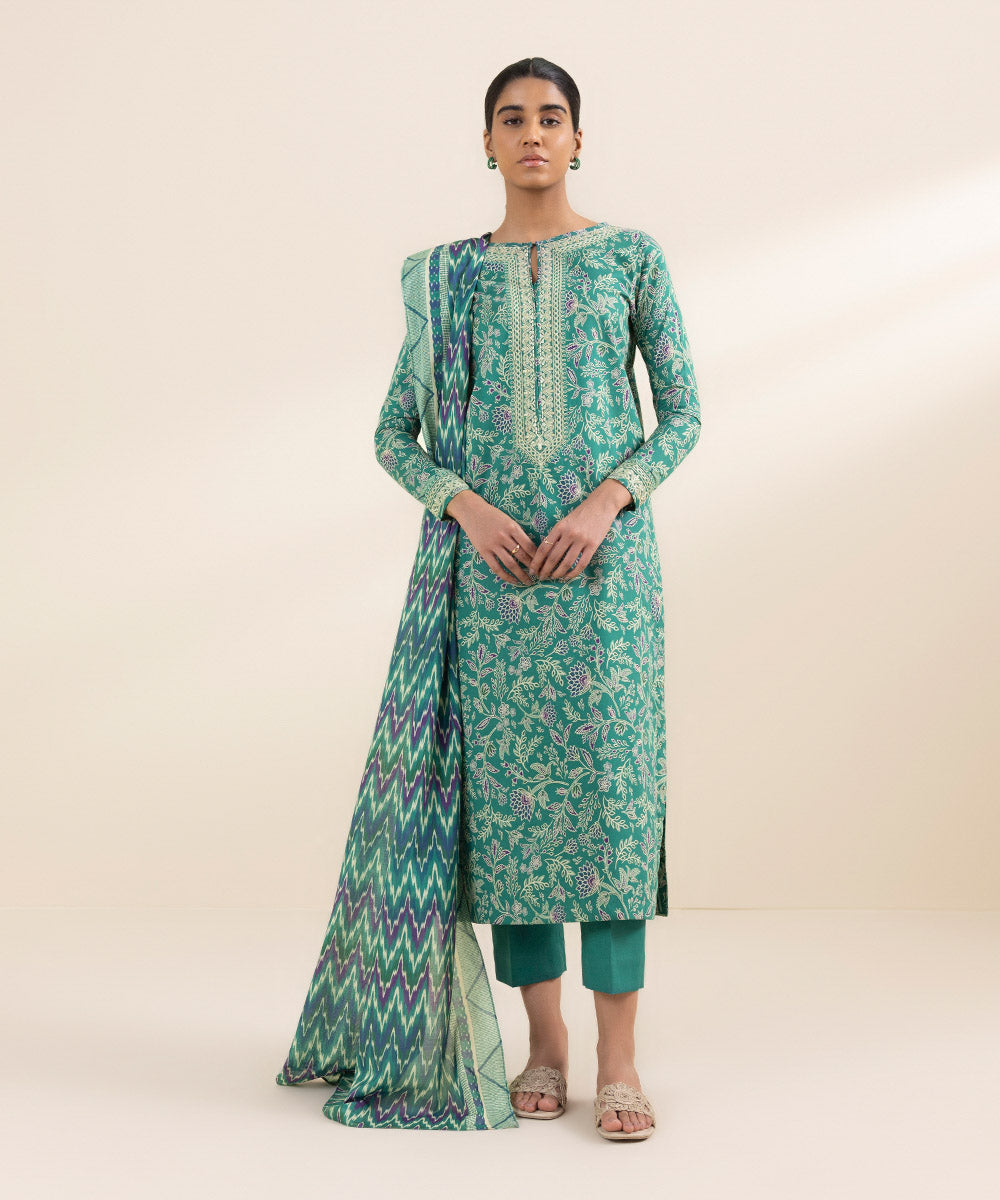 Women's Unstitched Lawn Green Embroidered 2 Piece Suit