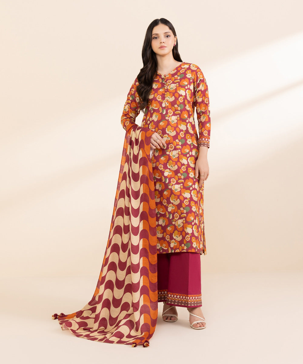 Women's Unstitched Light Khaddar Printed Multi 2 Piece Suit